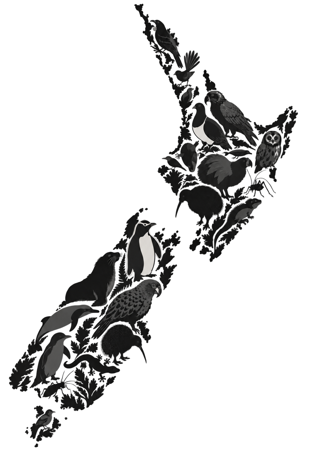 Illustrated map of New Zealand formed from native birds and wildlife