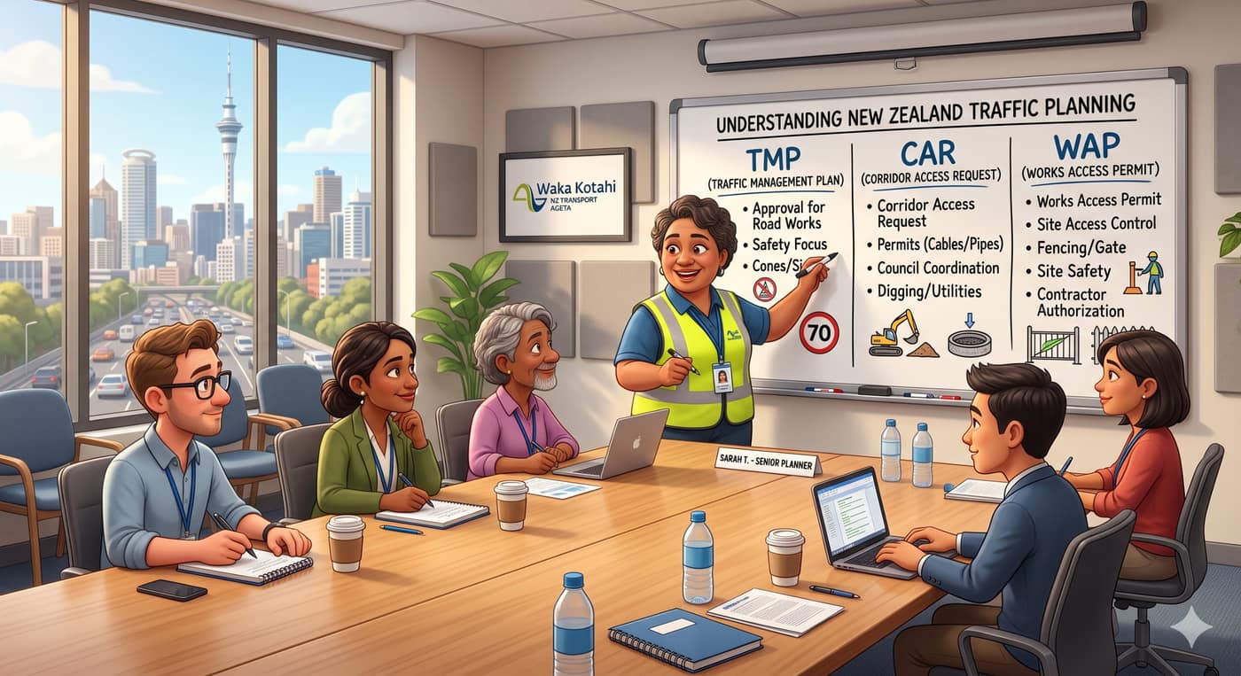 Project team reviewing New Zealand traffic planning documents